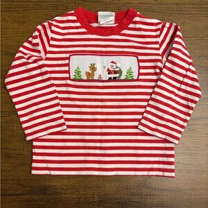 Red Striped Kids Shirt with Smocked Santa Design